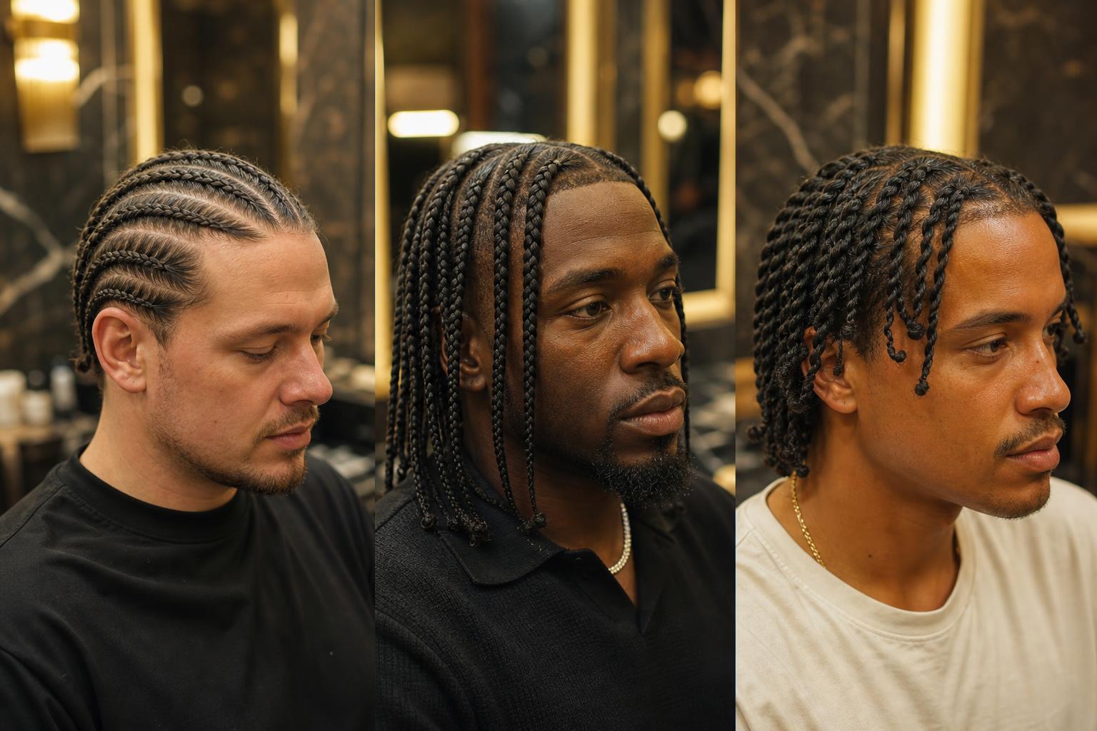 Men's hairstyles at Kays Glam — cornrows, single plaits and two-strand twists